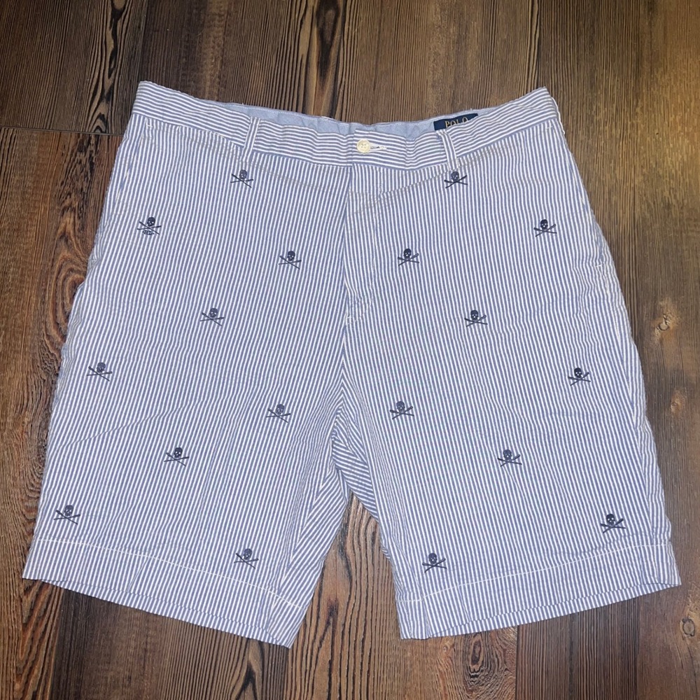Polo Ralph Lauren Men's 38 Blue White Seersucker Skull Crossbones Shorts Stretch